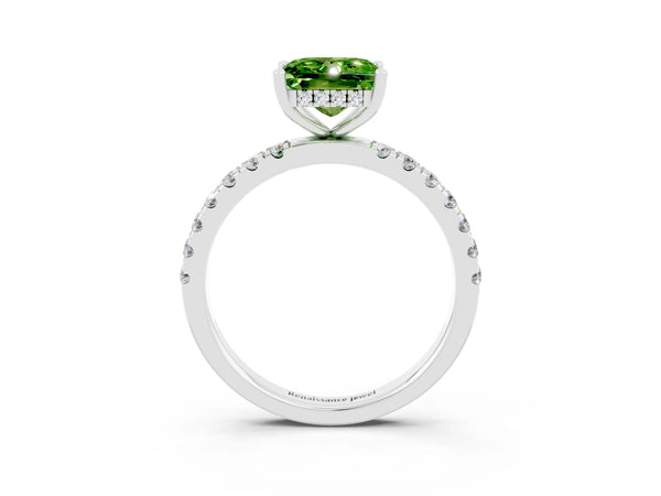 White gold Princess Cut Peridot Pave Band Solitaire Ring with Round  and Prong Setting