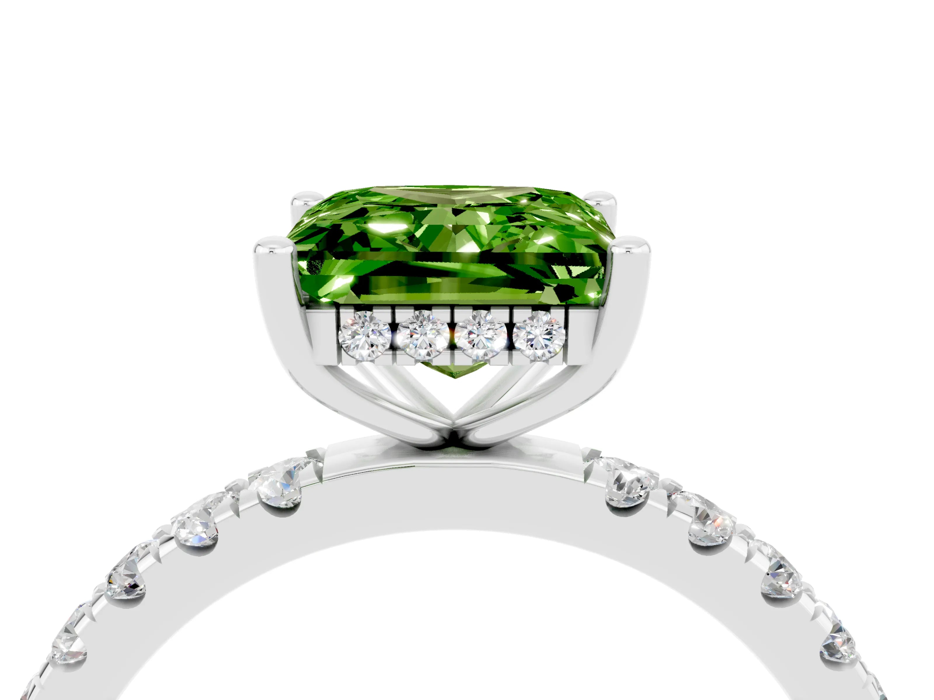 White gold Princess Cut Peridot Pave Band Solitaire Ring with Four-Prong Setting_28