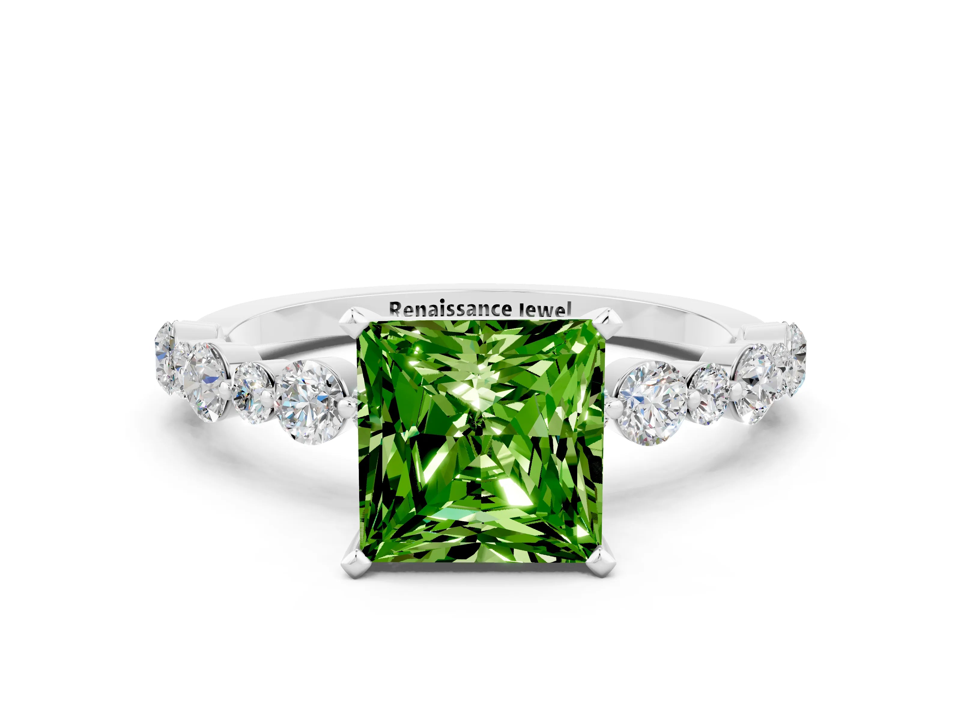 White gold Princess Cut Peridot Prong Set Engagement Ring with Pavé Band