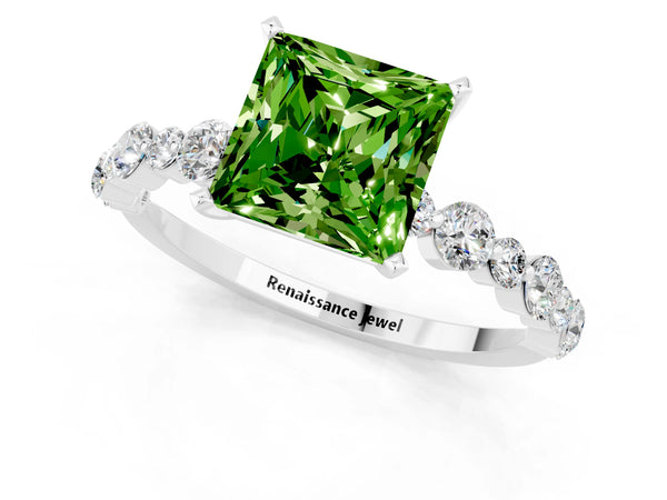 White gold Princess Cut Peridot Prong Set Engagement Ring with Pavé Band