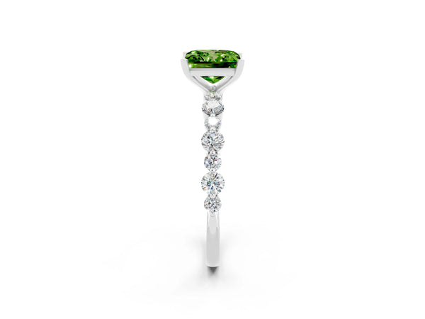 Platinum Princess Cut Peridot Prong Set Engagement Ring with Pavé Band