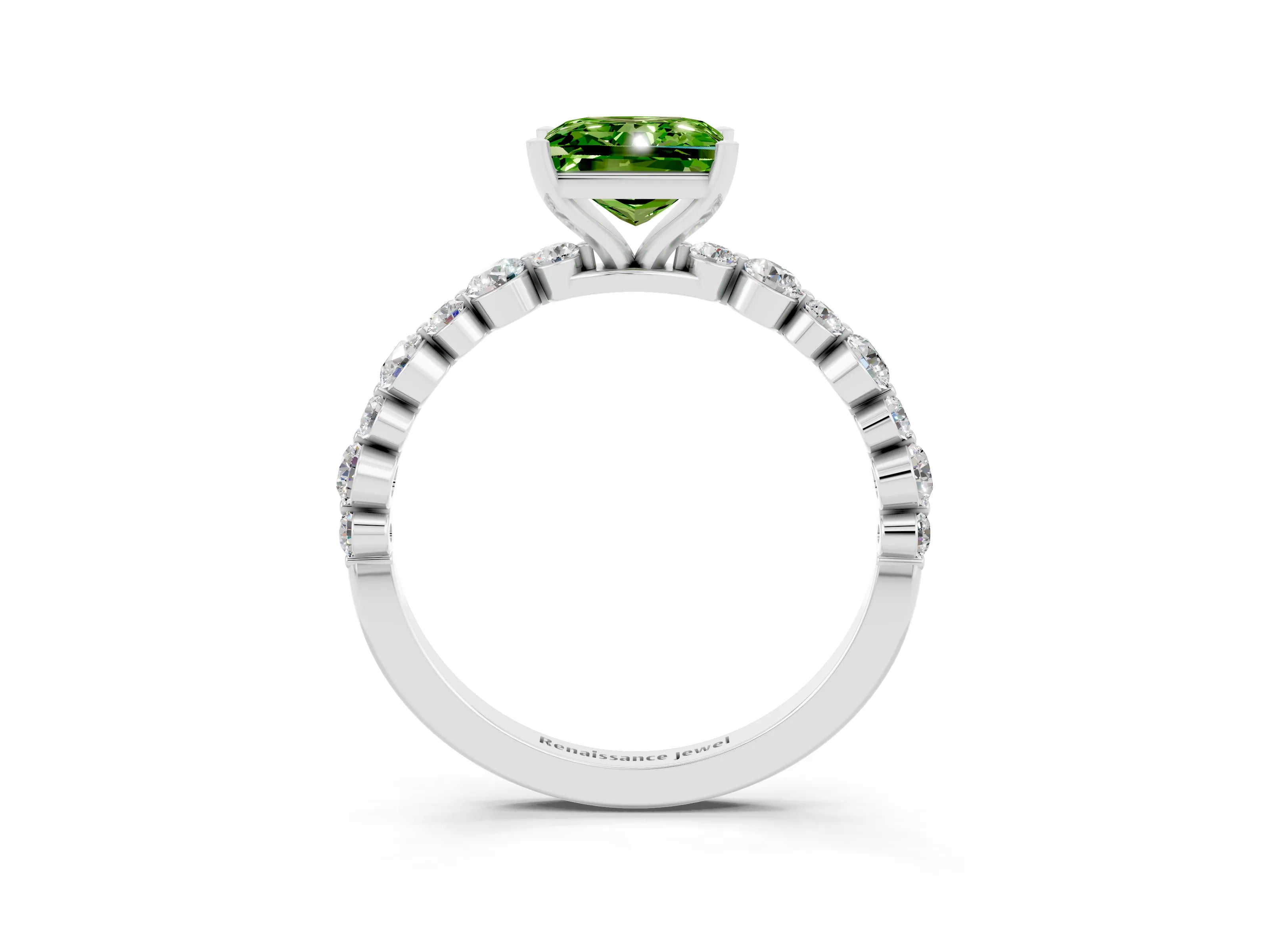 White gold Princess Cut Peridot Prong Set Engagement Ring with Pavé Band_3
