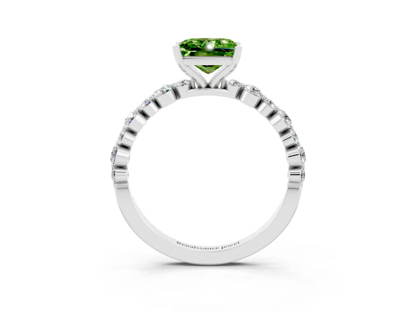 Silver Princess Cut Peridot Prong Set Engagement Ring with Pavé Band