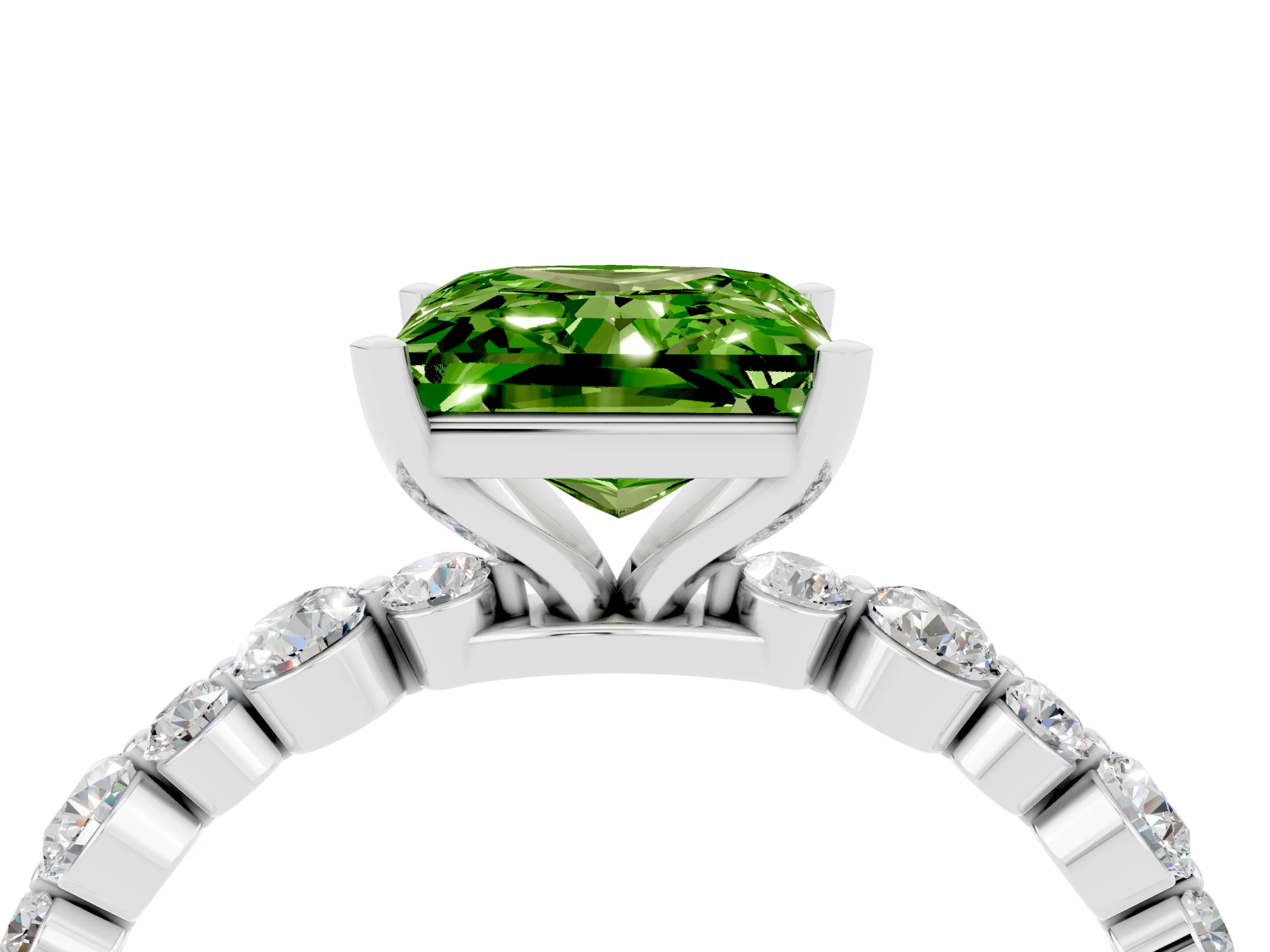 White gold Princess Cut Peridot Prong Set Engagement Ring with Pavé Band_4