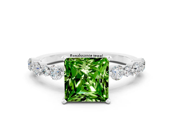 White gold Princess Cut Peridot Prong Set Engagement Ring with Pavé Band
