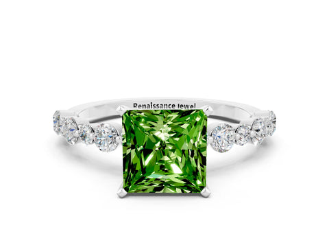 White gold Princess Cut Peridot Prong Set Engagement Ring with Pavé Band