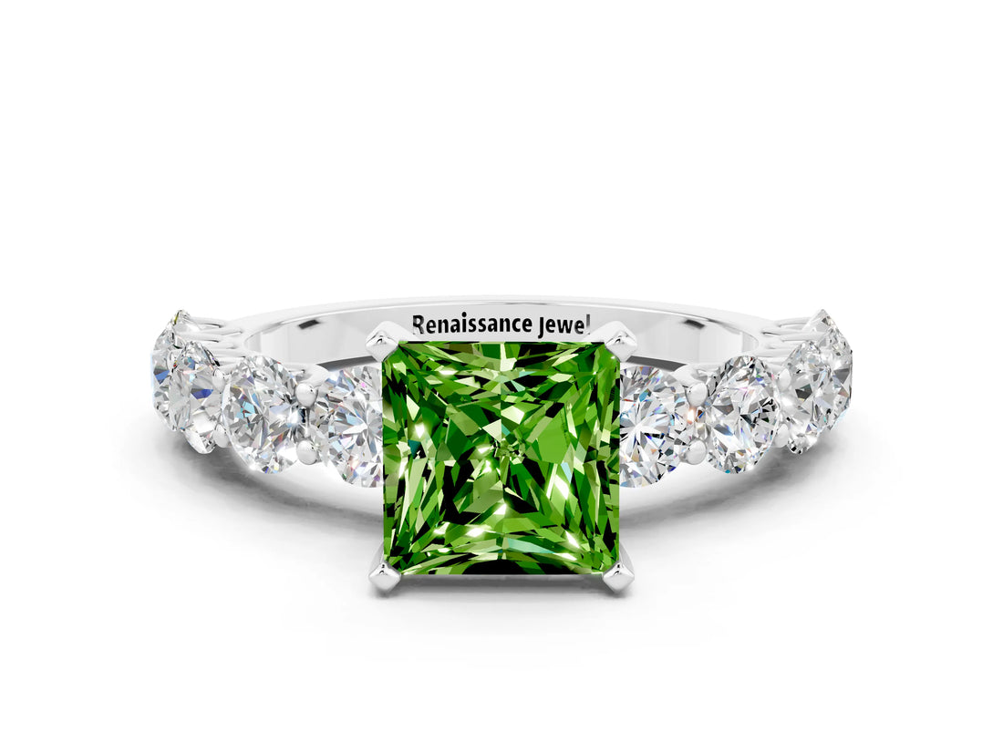 White gold Princess Cut Peridot Prong Setting with Side Stones on a Pave Band