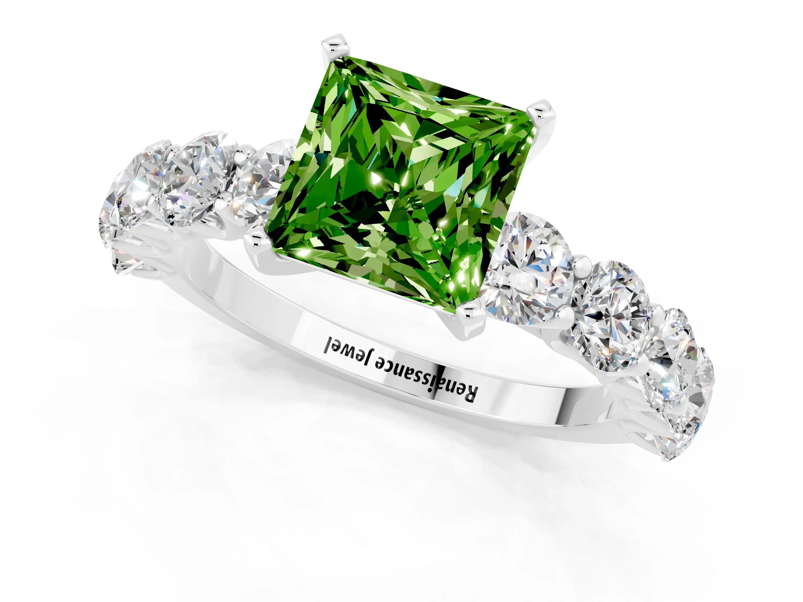 White gold Princess Cut Peridot Prong Setting with Side Stones on a Pave Band_1