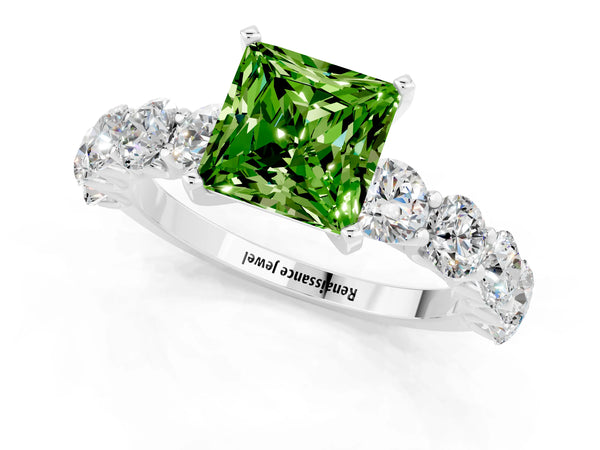 Platinum Princess Cut Peridot Prong Setting with Side Stones on a Pave Band
