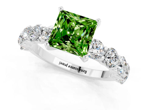 White gold Princess Cut Peridot Prong Setting with Side Stones on a Pave Band_1
