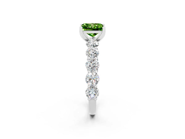 Platinum Princess Cut Peridot Prong Setting with Side Stones on a Pave Band