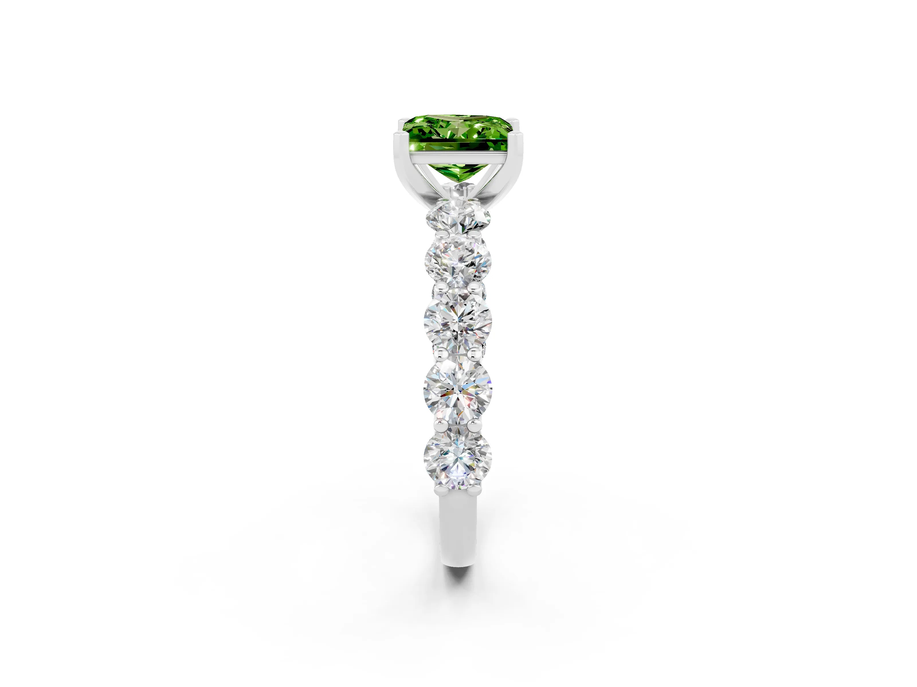 White gold Princess Cut Peridot Prong Setting with Side Stones on a Pave Band_2