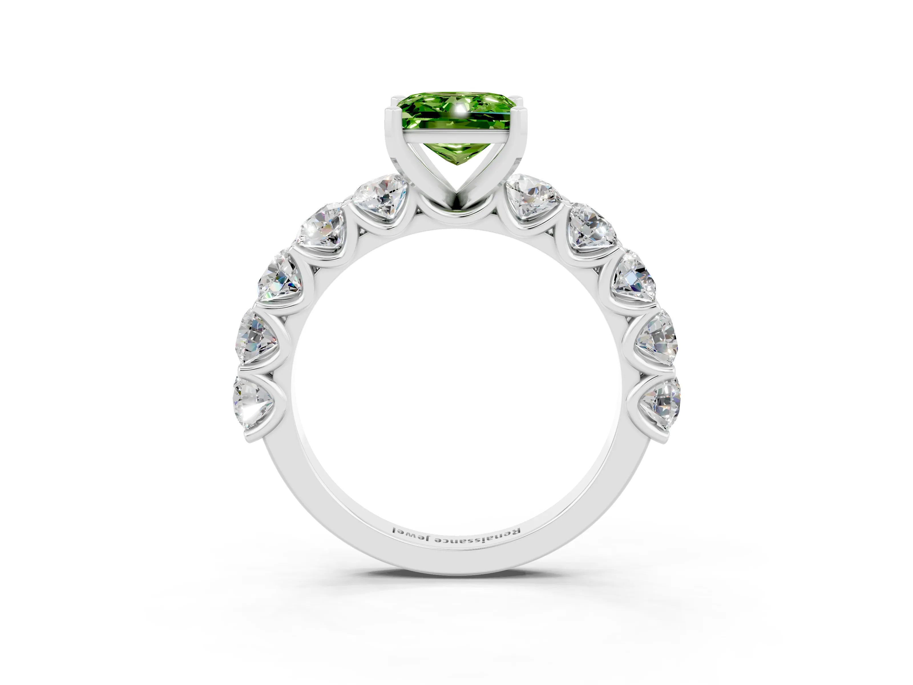 White gold Princess Cut Peridot Prong Setting with Side Stones on a Pave Band_3