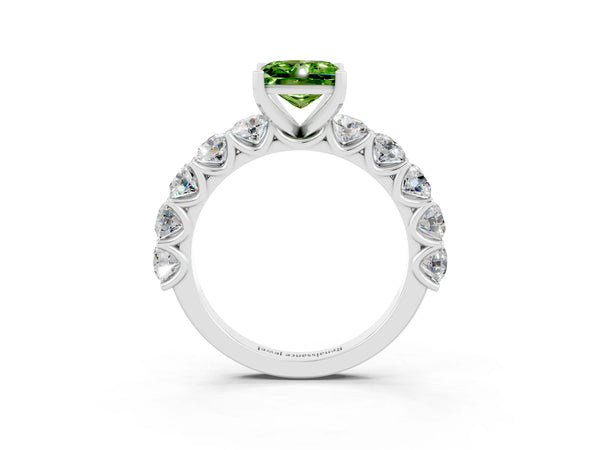 White gold Princess Cut Peridot Prong Setting with Side Stones on a Pave Band