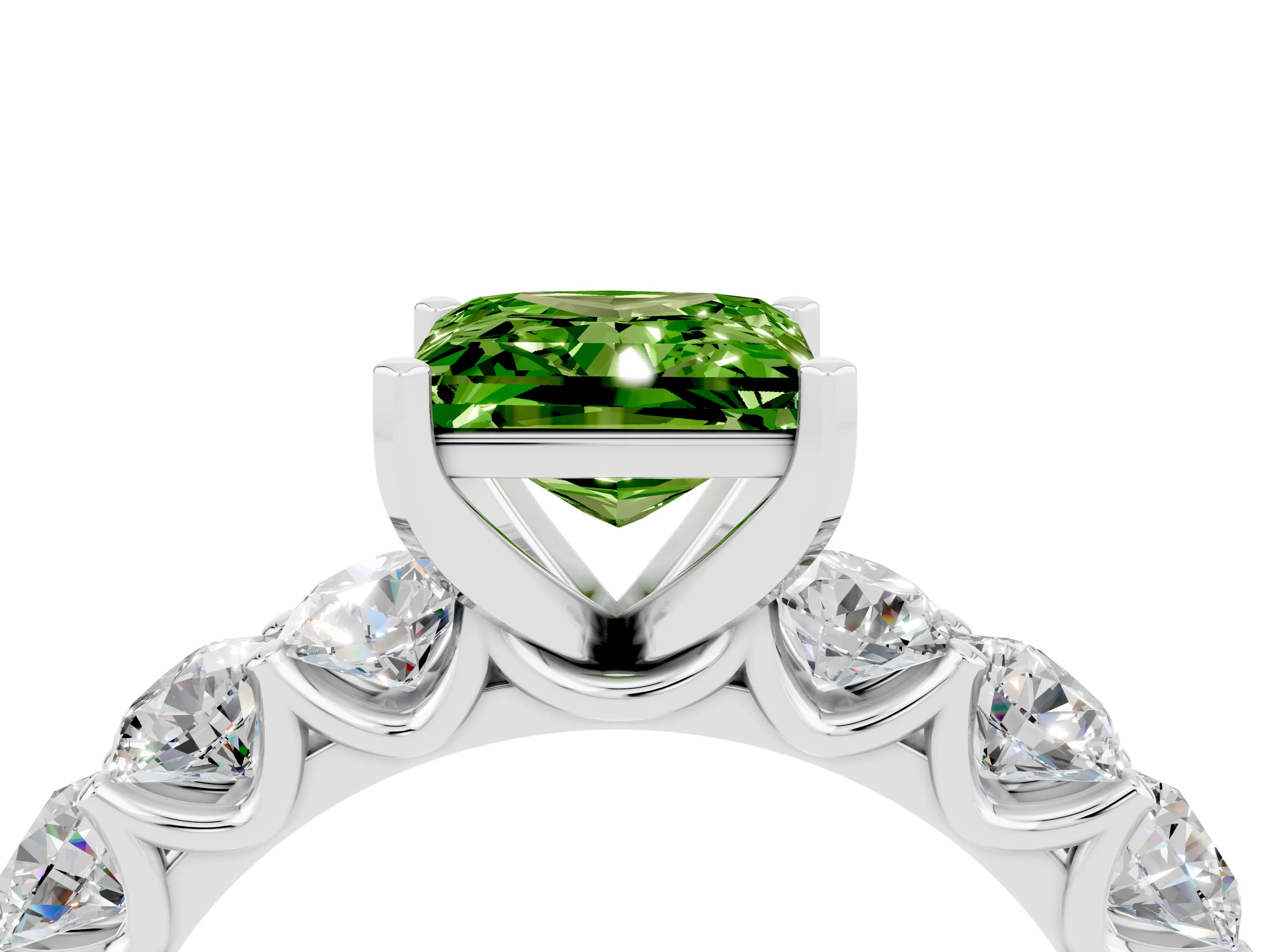 White gold Princess Cut Peridot Prong Setting with Side Stones on a Pave Band_4