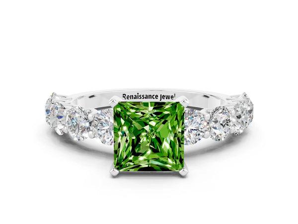 White gold Princess Cut Peridot Prong Setting with Side Stones on a Pave Band