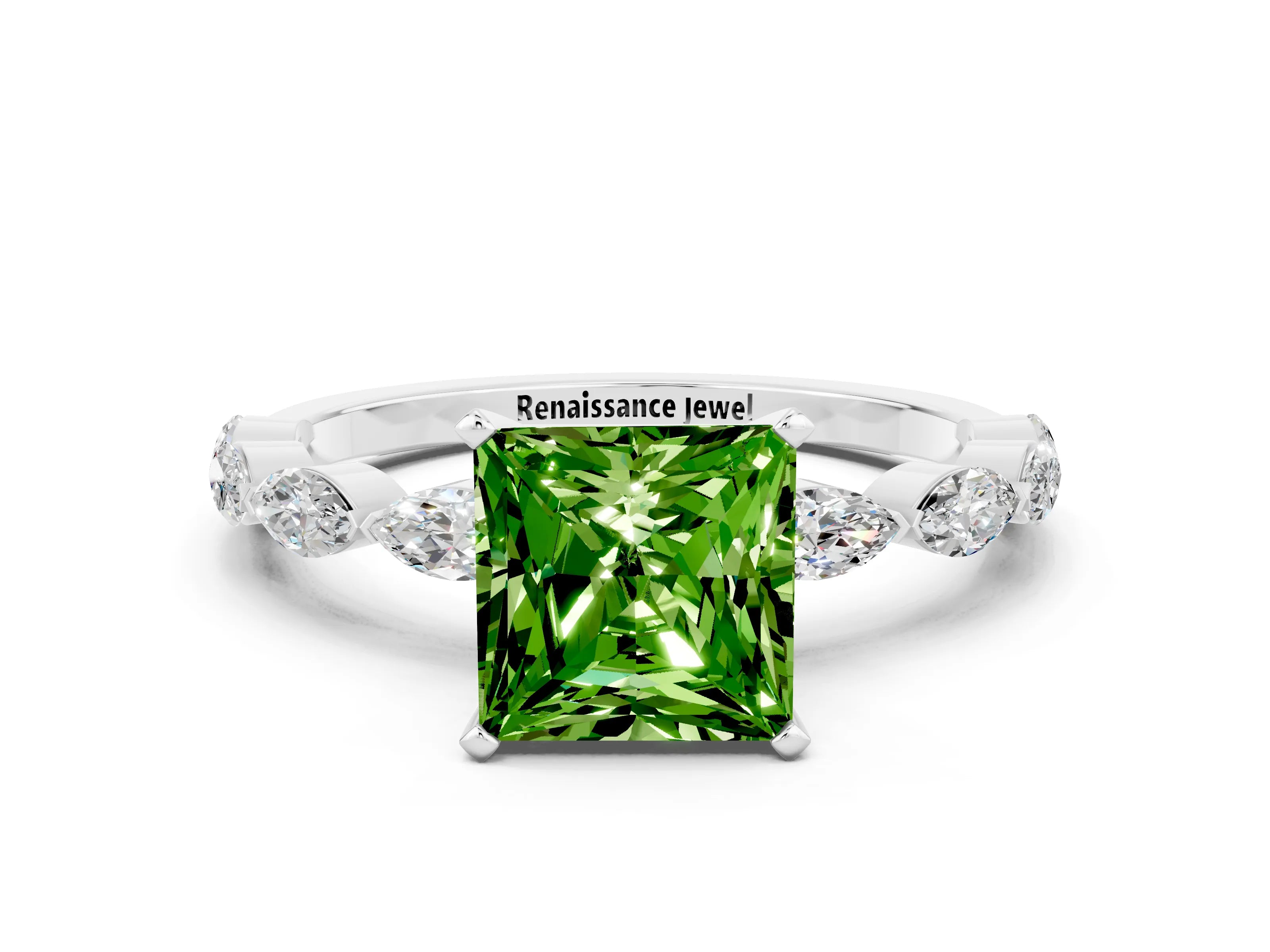 White gold Princess Cut Peridot Ring with Marquise Side Stones and Prong Setting