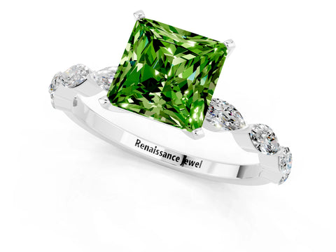 White gold Princess Cut Peridot Ring with Marquise Side Stones and Prong Setting_1