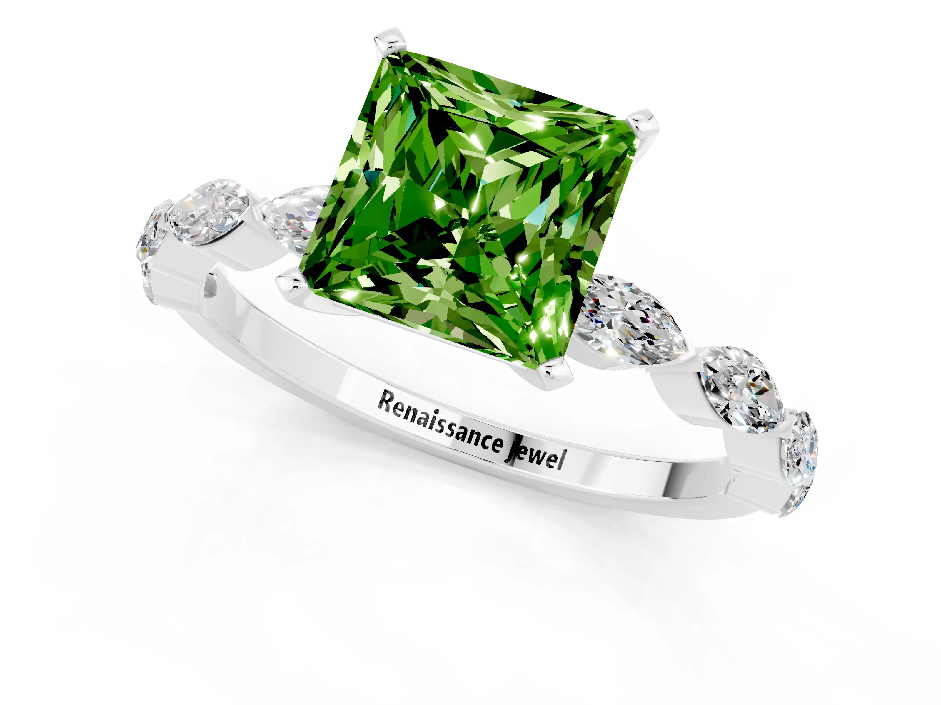 White gold Princess Cut Peridot Ring with Marquise Side Stones and Prong Setting_1