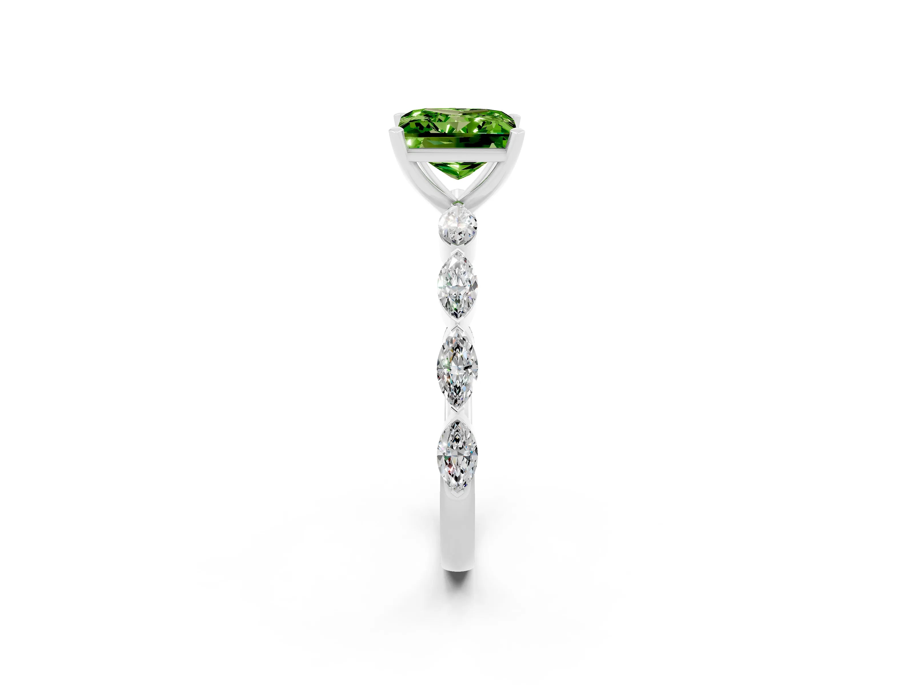 White gold Princess Cut Peridot Ring with Marquise Side Stones and Prong Setting_2