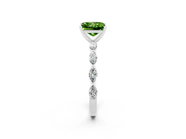 White gold Princess Cut Peridot Ring with Marquise Side Stones and Prong Setting