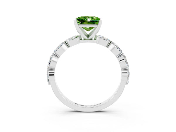 White gold Princess Cut Peridot Ring with Marquise Side Stones and Prong Setting