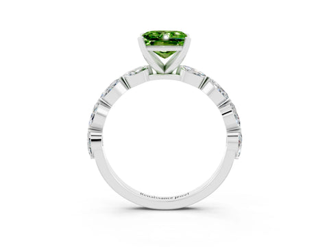 White gold Princess Cut Peridot Ring with Marquise Side Stones and Prong Setting_3