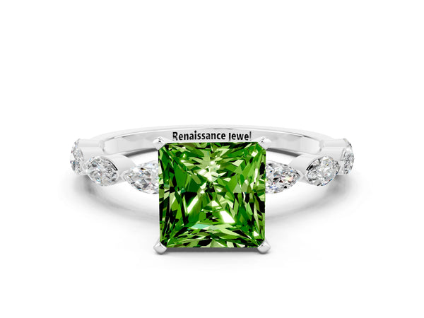 Silver Princess Cut Peridot Ring with Marquise Side Stones and Prong Setting