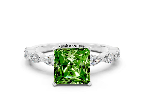 White gold Princess Cut Peridot Ring with Marquise Side Stones and Prong Setting