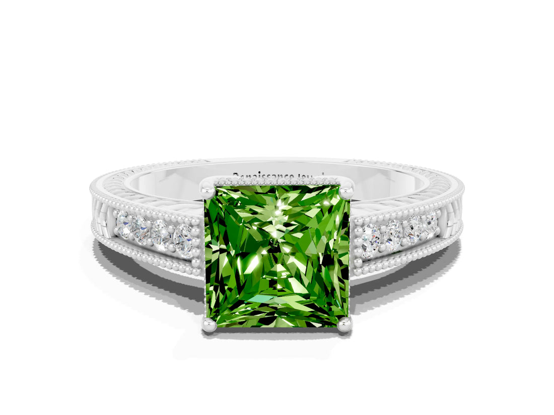 White gold Princess Cut Peridot Ring with Milgrain Pavé Band and Four-Prong Setting_12