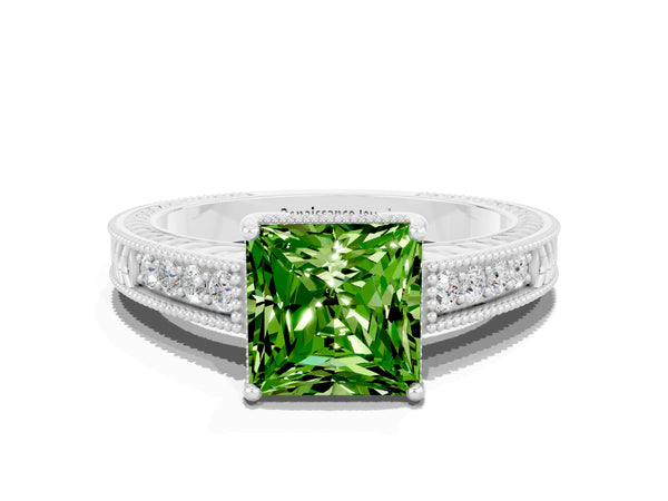 Platinum Princess Cut Peridot Ring with Milgrain Pavé Band and Four-Prong Setting