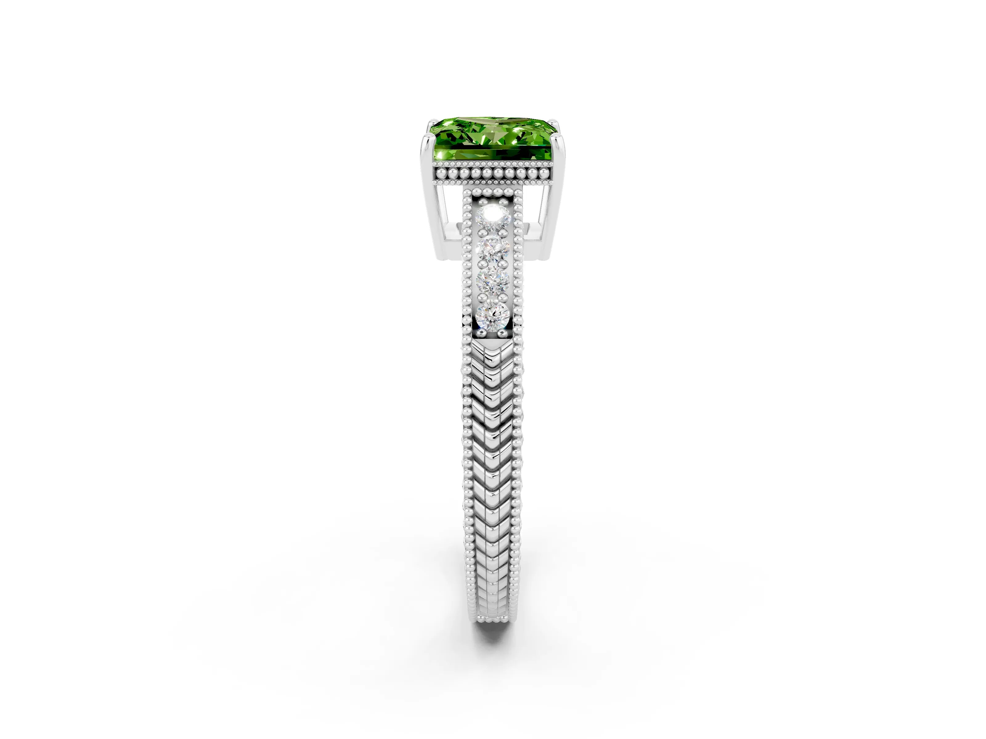 White gold Princess Cut Peridot Ring with Milgrain Pavé Band and Four-Prong Setting_14