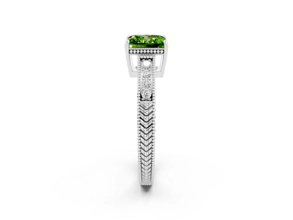 Silver Princess Cut Peridot Ring with Milgrain Pavé Band and Four-Prong Setting