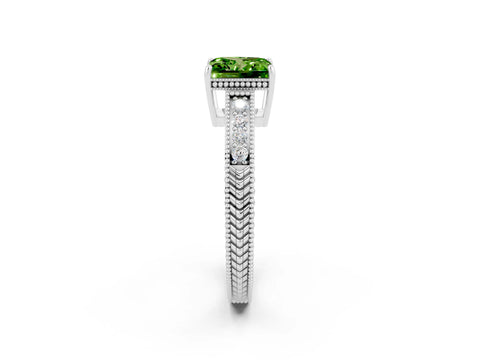 White gold Princess Cut Peridot Ring with Milgrain Pavé Band and Four-Prong Setting_14