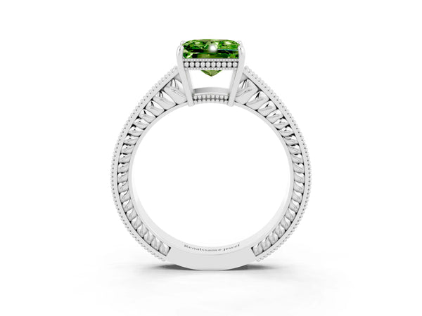 Silver Princess Cut Peridot Ring with Milgrain Pavé Band and Four-Prong Setting