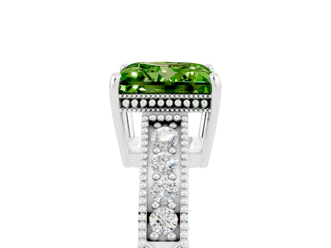 White gold Princess Cut Peridot Ring with Milgrain Pavé Band and Four-Prong Setting_17