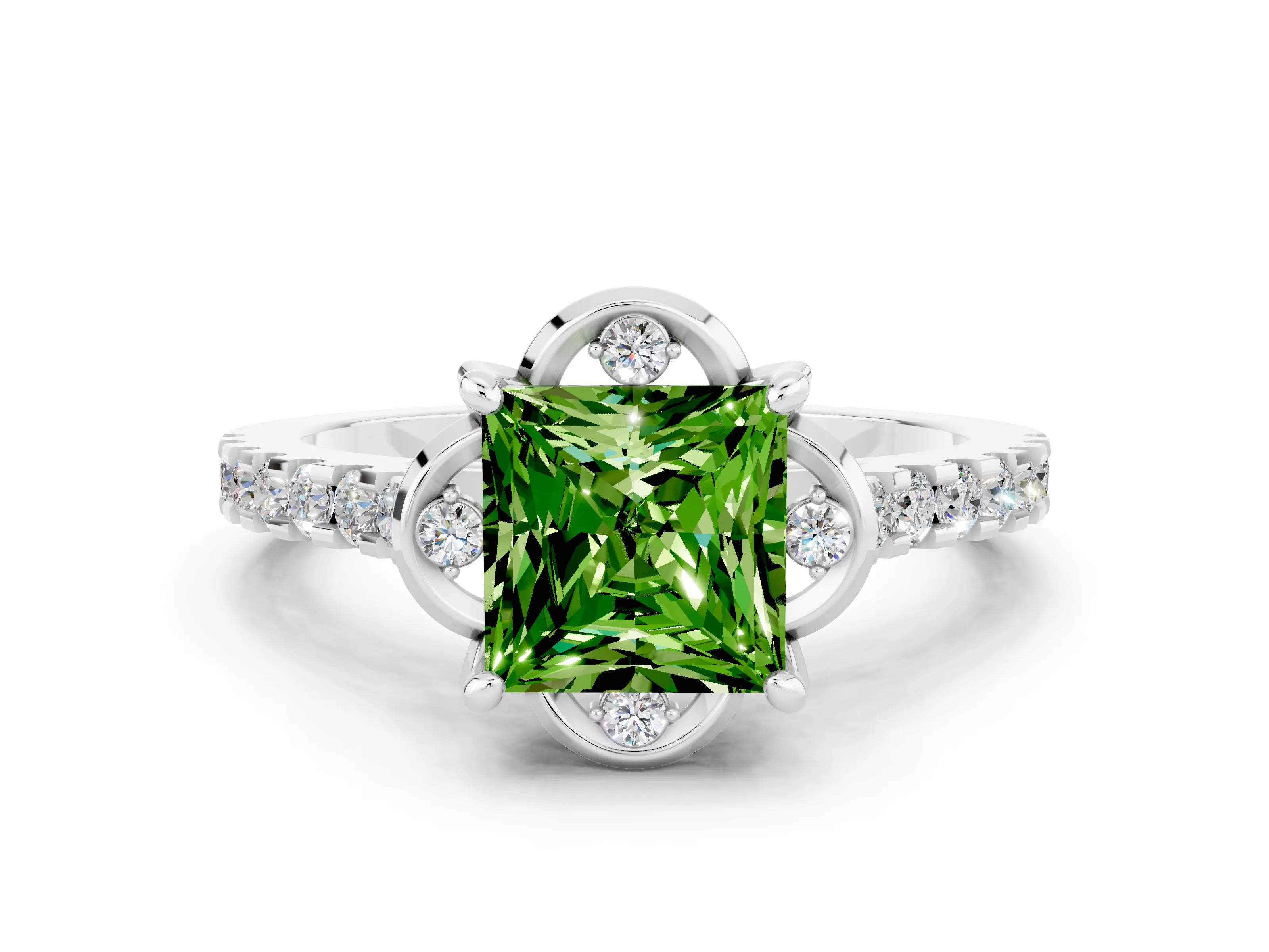 White gold Princess Cut Peridot Ring with Pavé Band and Floral Prong Setting