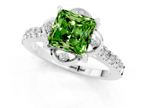 White gold Princess Cut Peridot Ring with Pavé Band and Floral Prong Setting_1