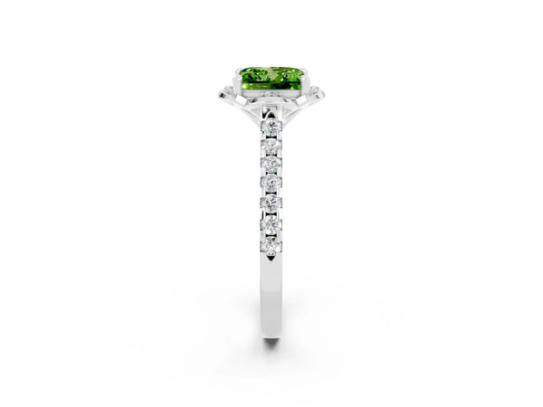 Silver Princess Cut Peridot Ring with Pavé Band and Floral Prong Setting