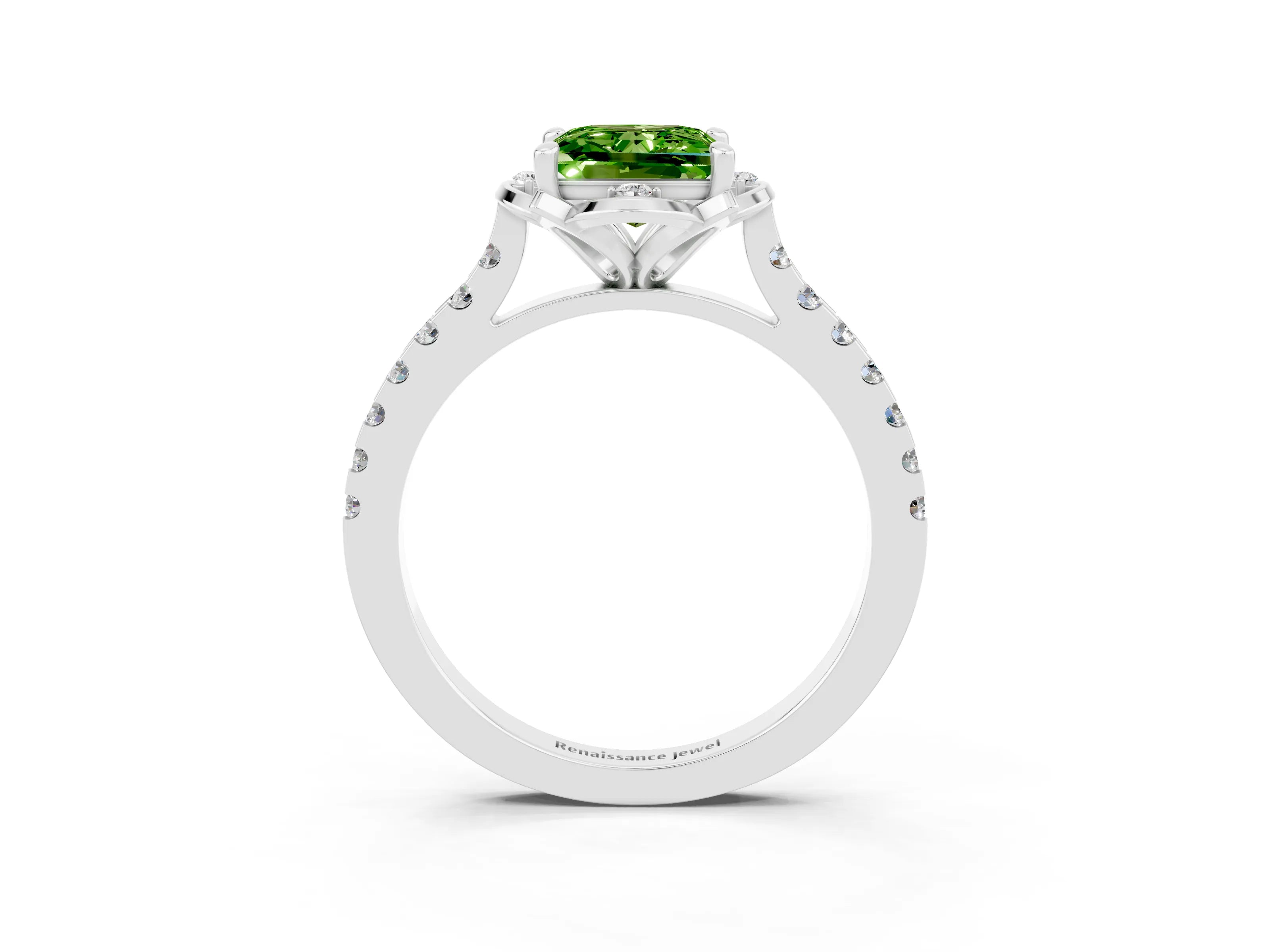 White gold Princess Cut Peridot Ring with Pavé Band and Floral Prong Setting_3