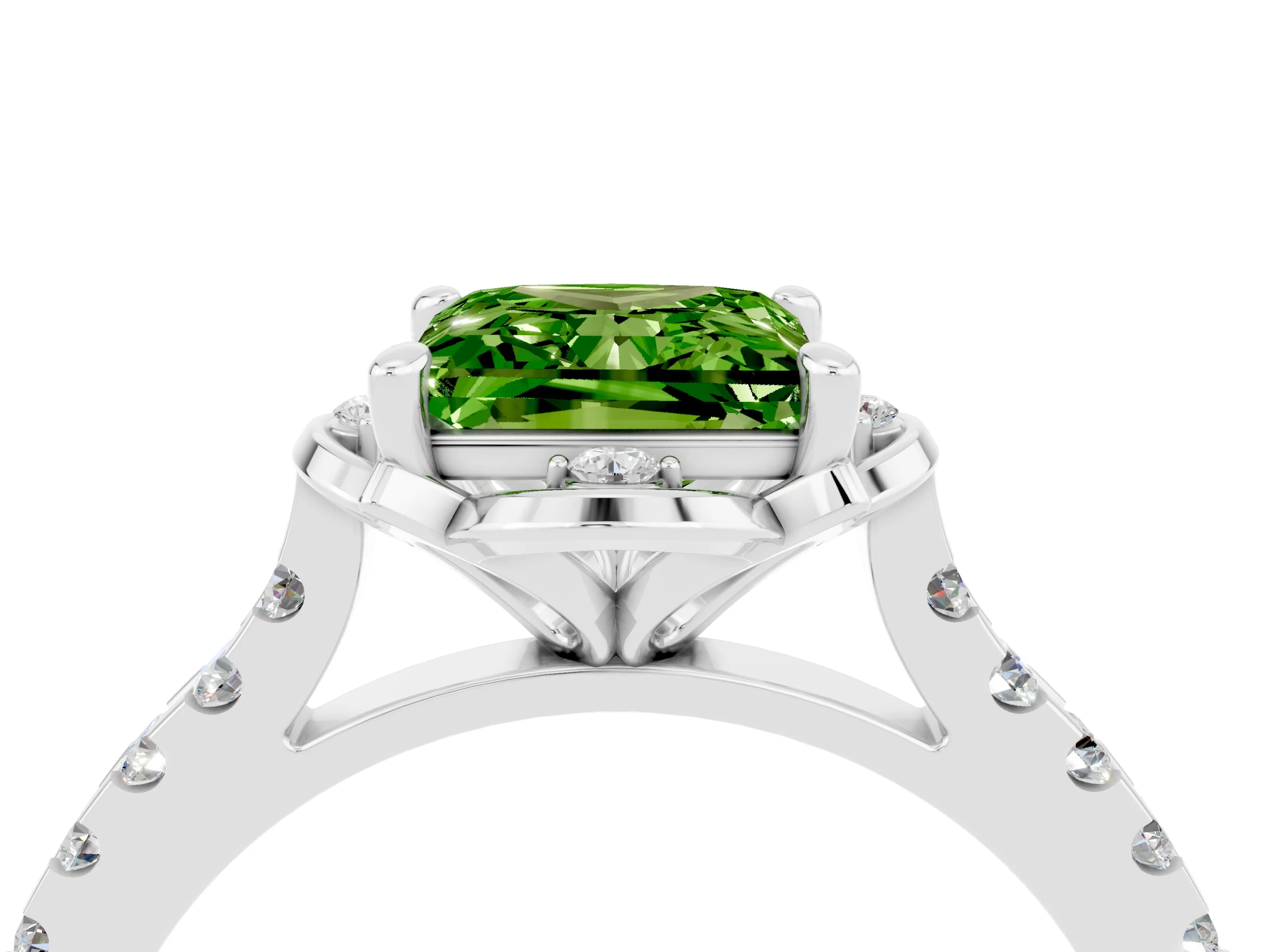 White gold Princess Cut Peridot Ring with Pavé Band and Floral Prong Setting_4