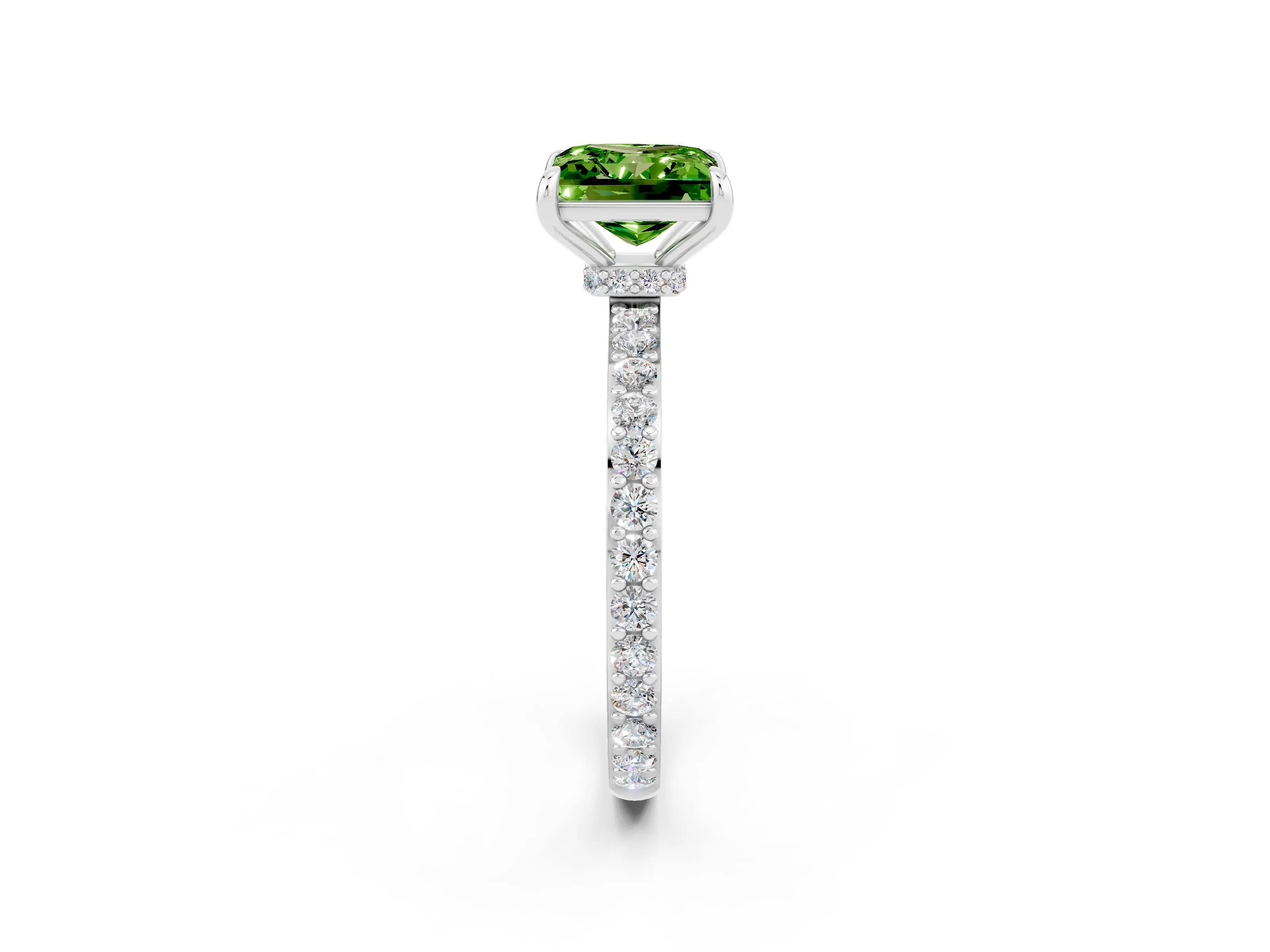 White gold Princess Cut Peridot Ring with Pavé Band and Four-Prong Setting_2