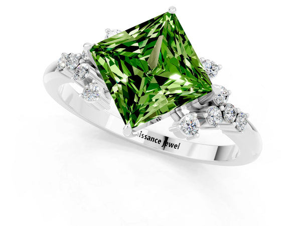 Silver Princess Cut Peridot Ring with Side Stones and Four-Prong Setting
