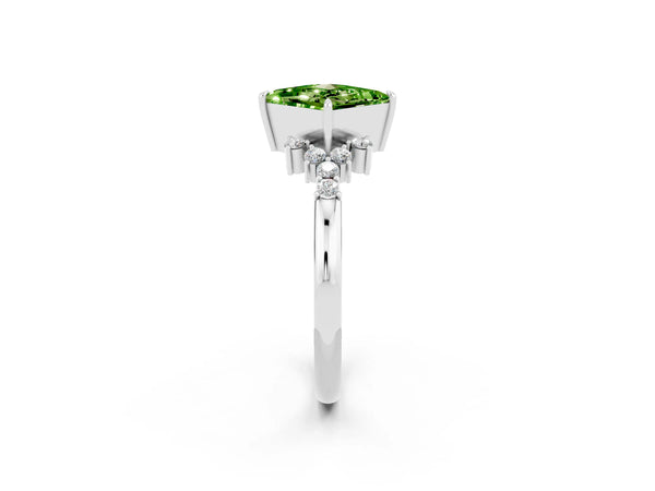 Silver Princess Cut Peridot Ring with Side Stones and Four-Prong Setting