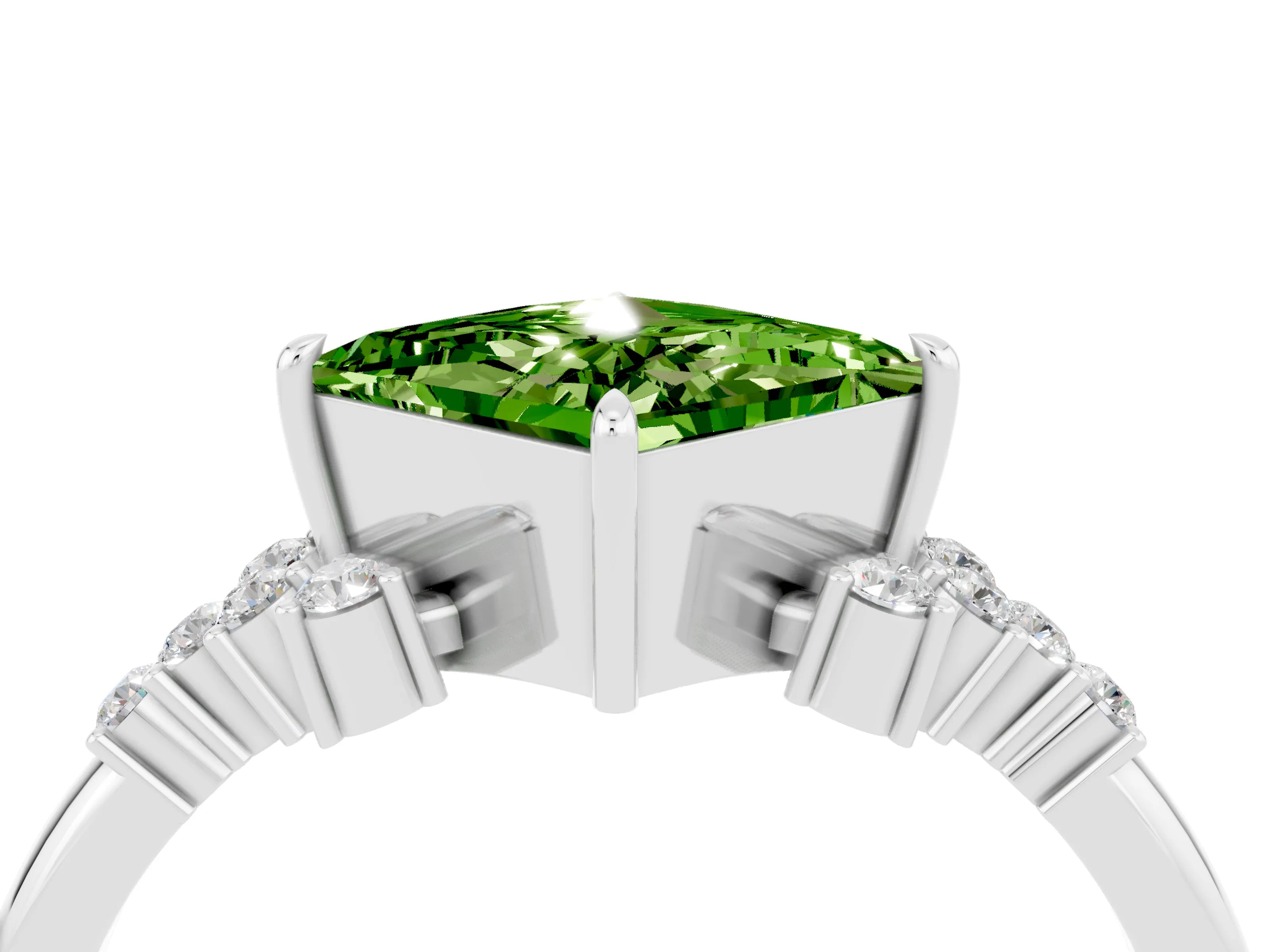 White gold Princess Cut Peridot Ring with Side Stones and Four-Prong Setting_40