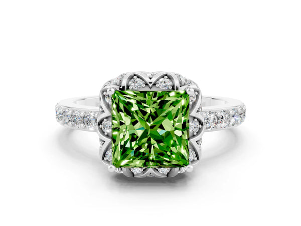 Platinum Princess Cut Peridot Scalloped Halo Engagement Ring with Round Shared Prong Band