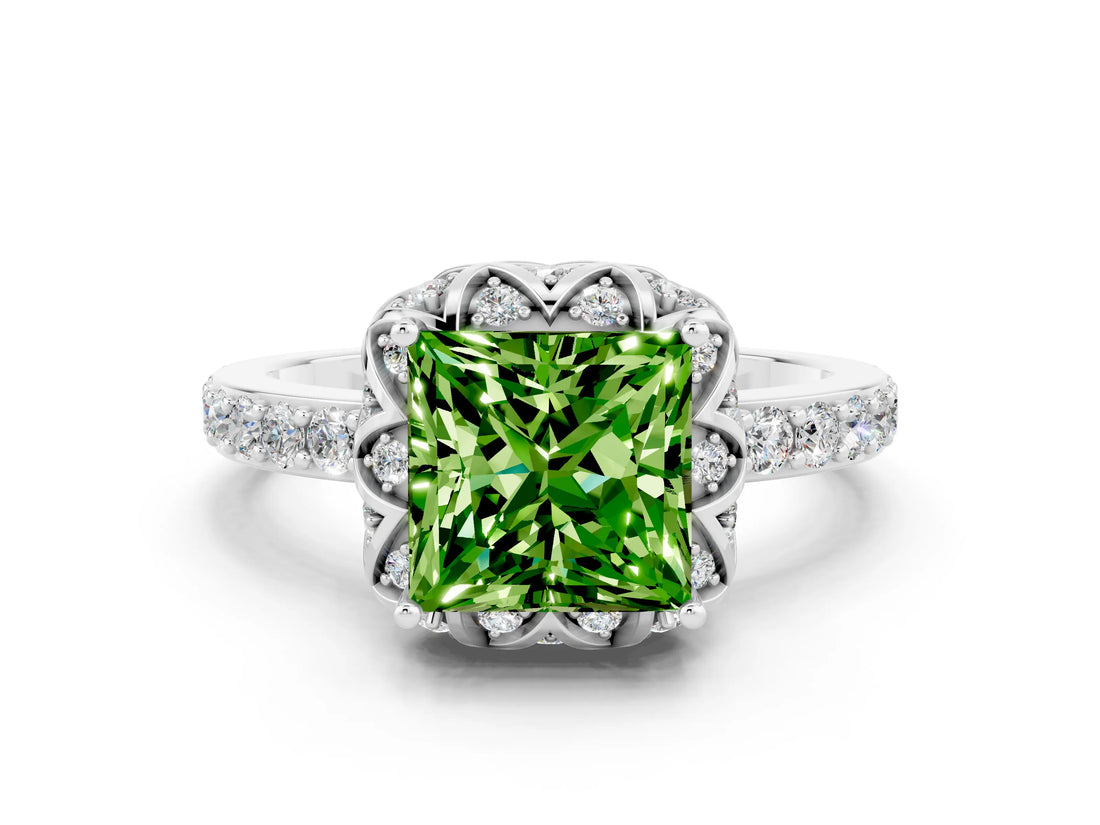 White gold Princess Cut Peridot Scalloped Halo Engagement Ring with Round Shared Prong Band_12