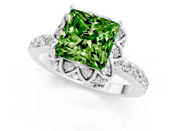 Platinum Princess Cut Peridot Scalloped Halo Engagement Ring with Round Shared Prong Band