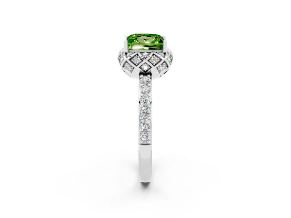 Platinum Princess Cut Peridot Scalloped Halo Engagement Ring with Round Shared Prong Band