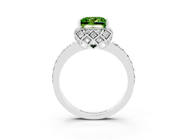 White gold Princess Cut Peridot Scalloped Halo Engagement Ring with Round Shared Prong Band